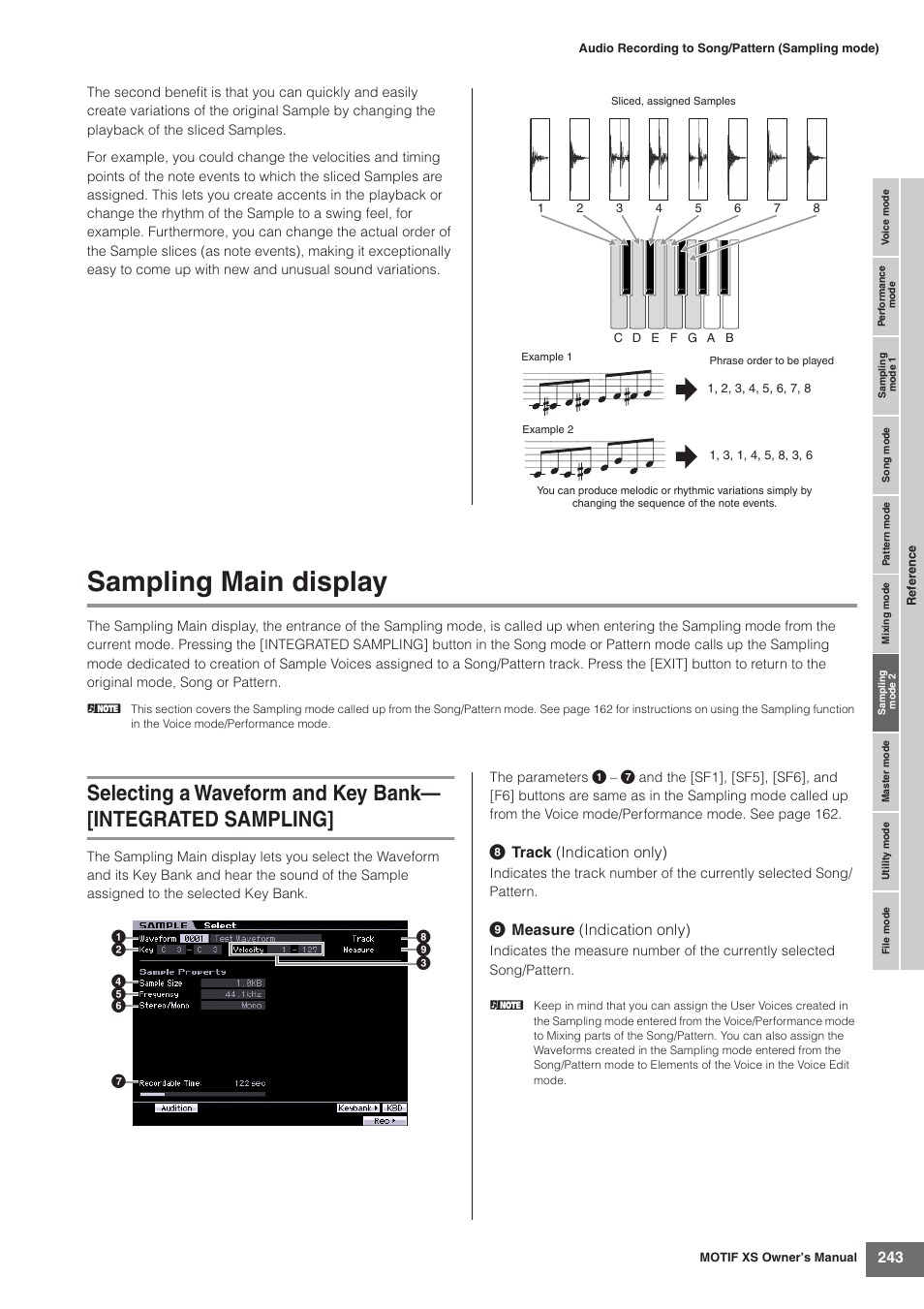 Sampling main display, 8 track (indication only), 9 measure (indication only) | Yamaha MOTIF XS7  EN User Manual | Page 243 / 320