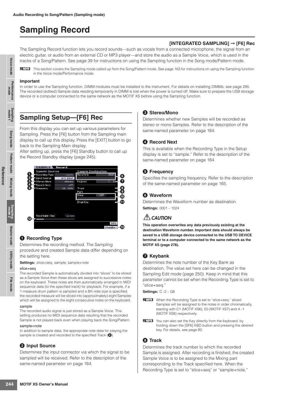Sampling record, Sampling setup-[f6] rec, Sampling setup—[f6] rec | Yamaha MOTIF XS7  EN User Manual | Page 244 / 320
