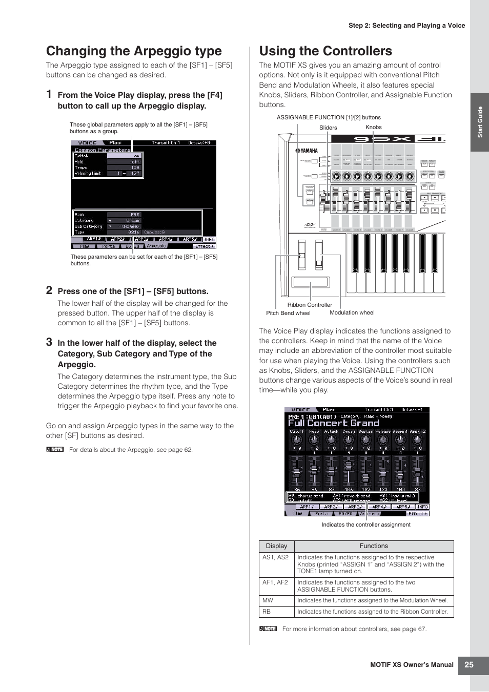Changing the arpeggio type, Using the controllers, Changing the arpeggio type using the controllers | Press one of the [sf1] – [sf5] buttons, N for details about the arpeggio, see page 62, Star t guide | Yamaha MOTIF XS7  EN User Manual | Page 25 / 320