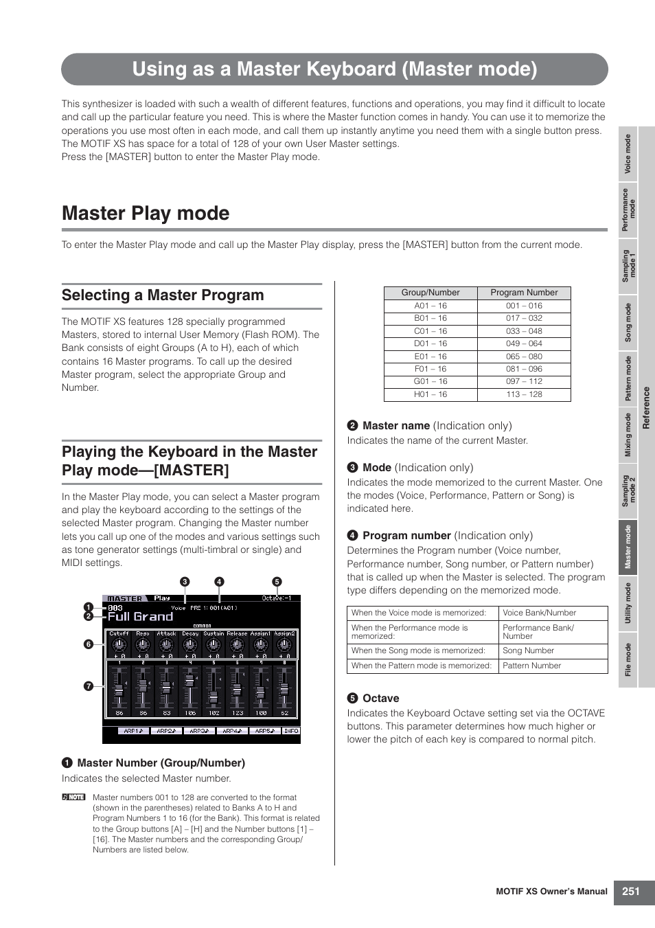 Using as a master keyboard (master mode), Master play mode, Selecting a master program | 251 and 260) | Yamaha MOTIF XS7  EN User Manual | Page 251 / 320