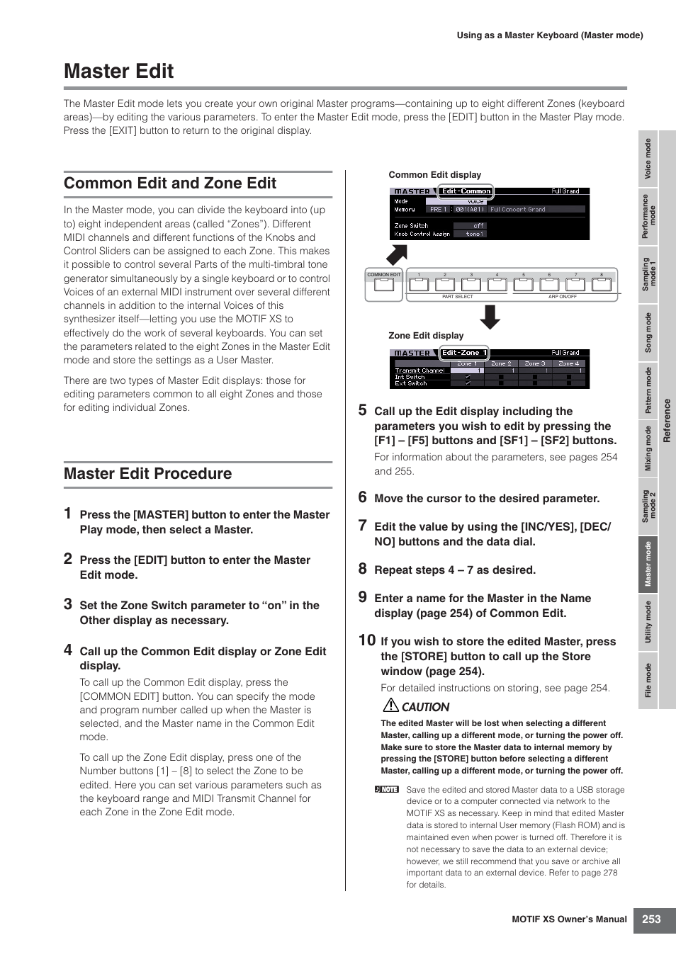 Master edit, Common edit and zone edit, Master edit procedure | Master edit procedure 1 | Yamaha MOTIF XS7  EN User Manual | Page 253 / 320