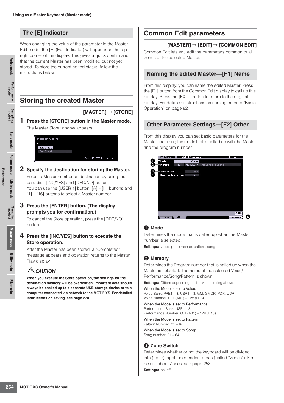 Storing the created master, Common edit parameters, The [e] indicator | Yamaha MOTIF XS7  EN User Manual | Page 254 / 320