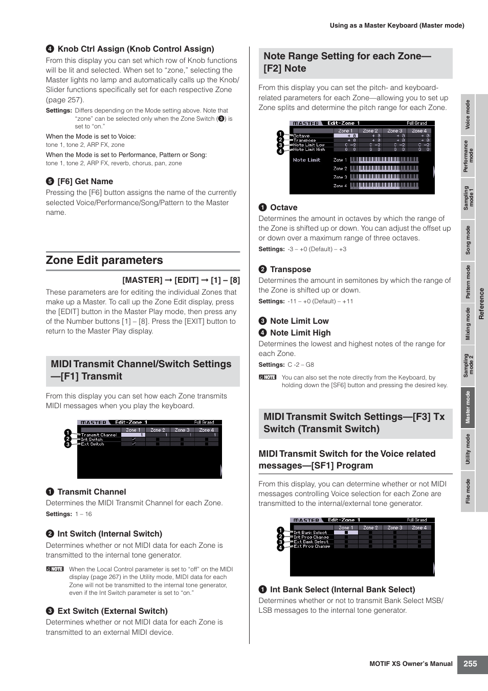 Zone edit parameters, And 255 | Yamaha MOTIF XS7  EN User Manual | Page 255 / 320
