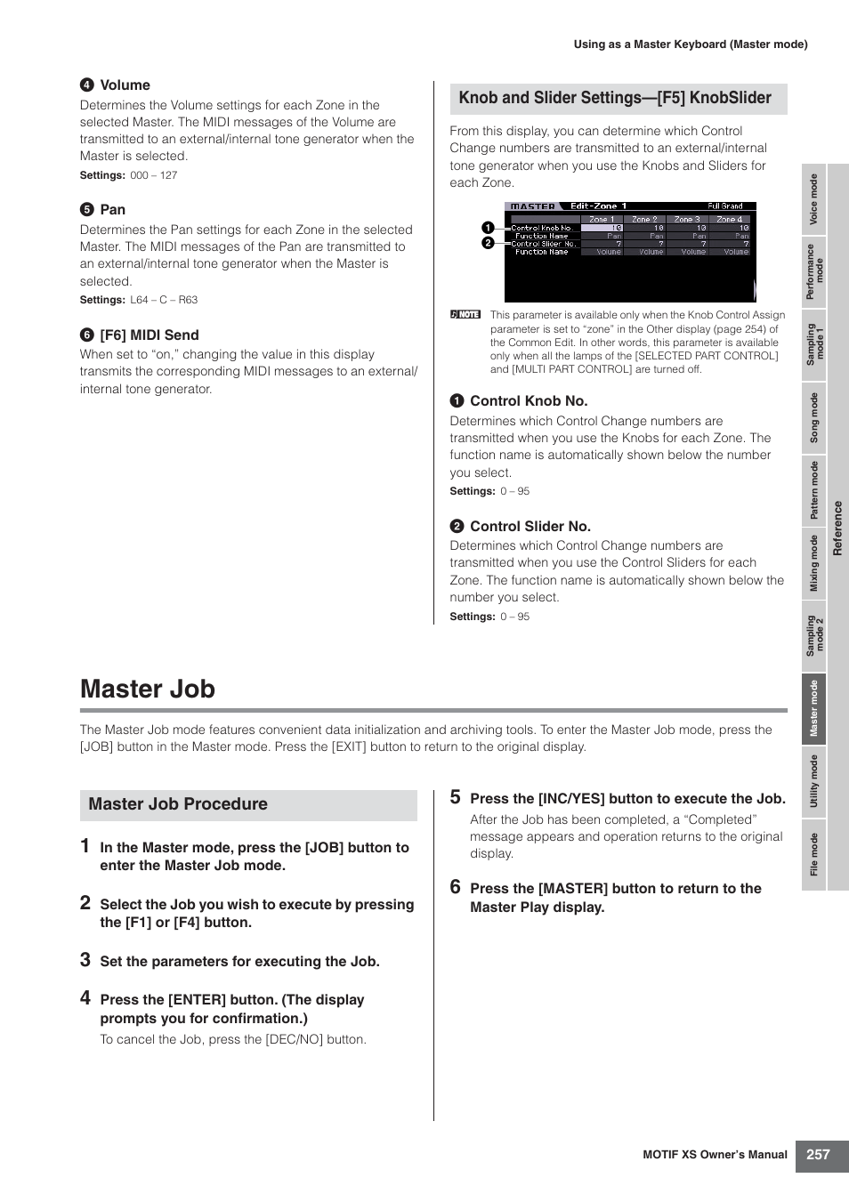Master job, Knob and slider settings—[f5] knobslider, Master job procedure | Yamaha MOTIF XS7  EN User Manual | Page 257 / 320
