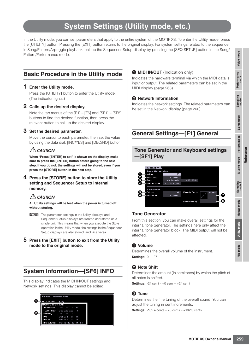 System settings (utility mode, etc.), Basic procedure in the utility mode, System information-[sf6] info | General settings-[f1] general, Basic procedure in the utility mode 1, System information—[sf6] info, General settings—[f1] general, Tone generator and keyboard settings —[sf1] play | Yamaha MOTIF XS7  EN User Manual | Page 259 / 320
