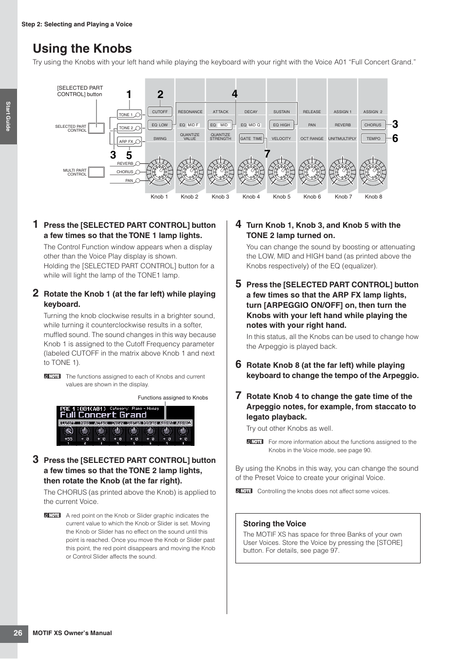 Using the knobs, Es 26, Storing the voice | Yamaha MOTIF XS7  EN User Manual | Page 26 / 320