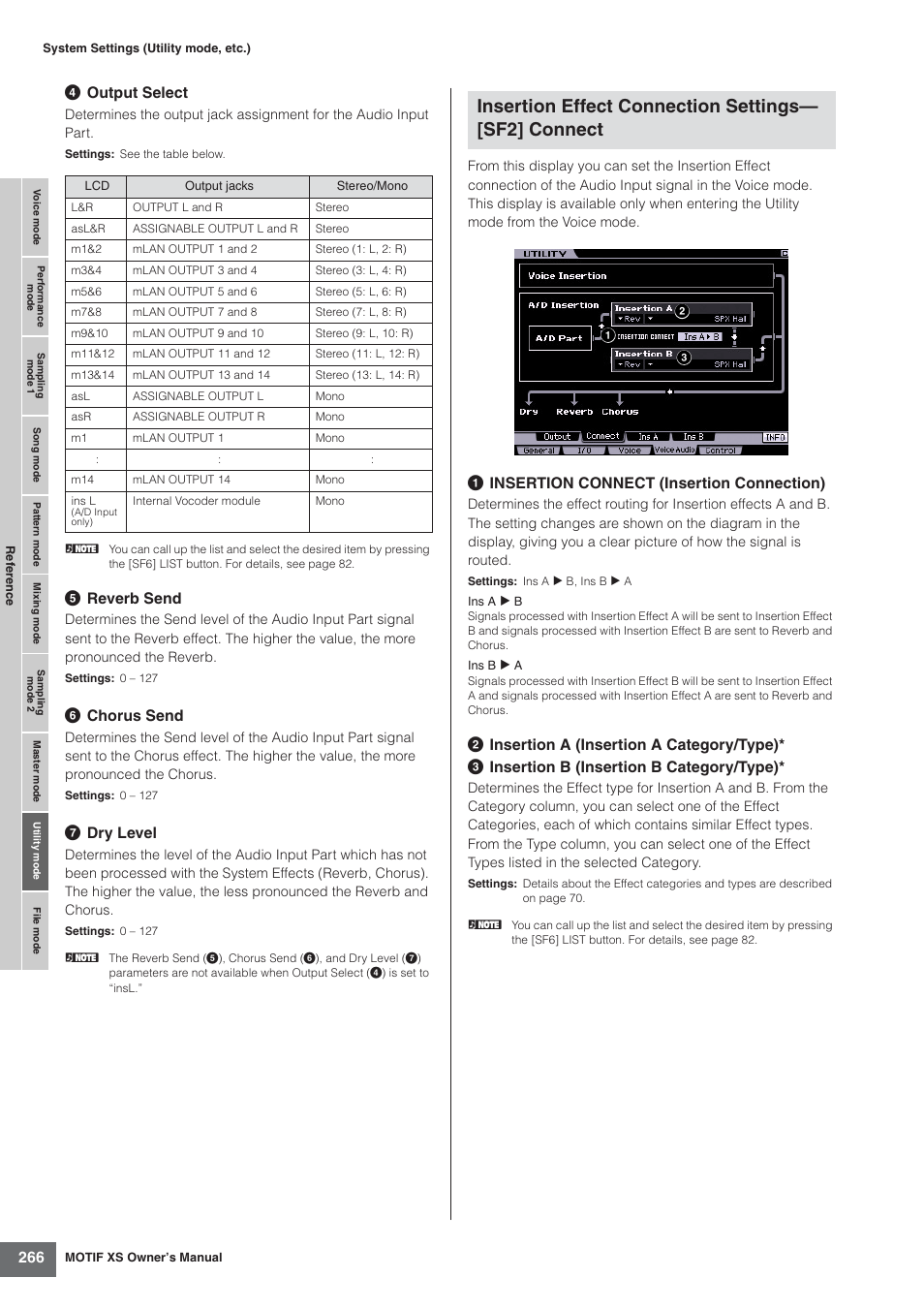 266 4 output select, 5 reverb send, 6 chorus send | 7 dry level, 1 insertion connect (insertion connection) | Yamaha MOTIF XS7  EN User Manual | Page 266 / 320