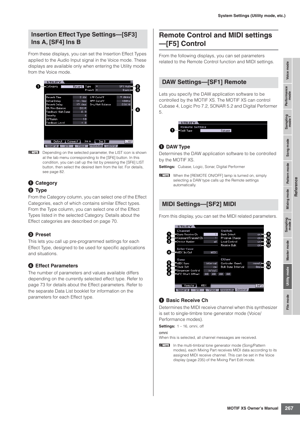 Remote control and midi settings -[f5] control, Remote control and midi settings —[f5] control, Daw settings—[sf1] remote midi settings—[sf2] midi | Yamaha MOTIF XS7  EN User Manual | Page 267 / 320