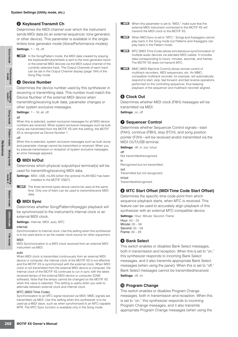 268 2 keyboard transmit ch, 3 device number, 4 midi in/out | 5 midi sync, 6 clock out, 7 sequencer control, 8 mtc start offset (midi time code start offset), 9 bank select, Program change | Yamaha MOTIF XS7  EN User Manual | Page 268 / 320