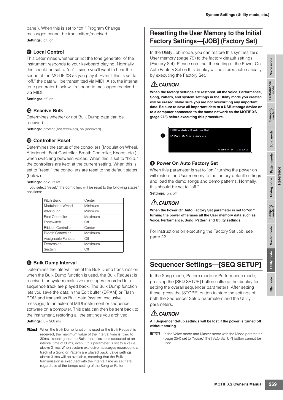 Sequencer settings-[seq setup, Sequencer settings—[seq setup, Local control | Receive bulk, Controller reset, Bulk dump interval, 1 power on auto factory set, Caution | Yamaha MOTIF XS7  EN User Manual | Page 269 / 320