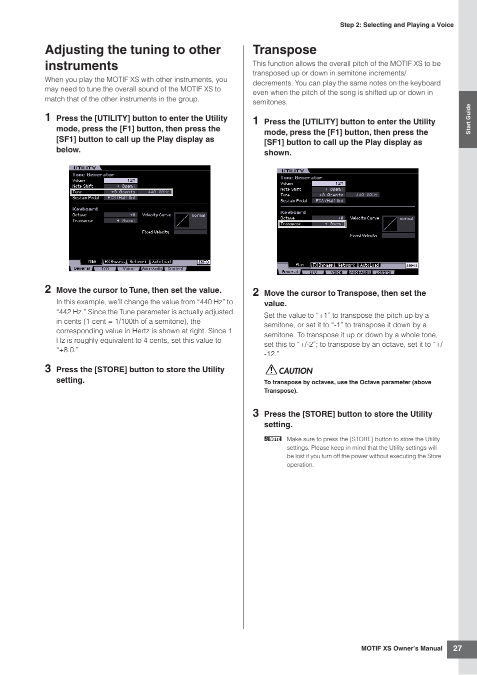 Adjusting the tuning to other instruments, Transpose | Yamaha MOTIF XS7  EN User Manual | Page 27 / 320
