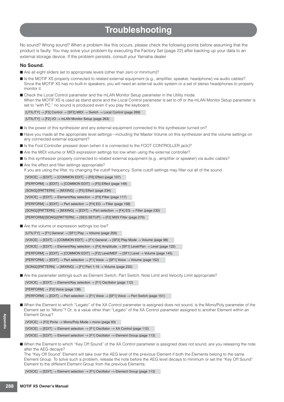 Troubleshooting, Face), No sound | Yamaha MOTIF XS7  EN User Manual | Page 288 / 320