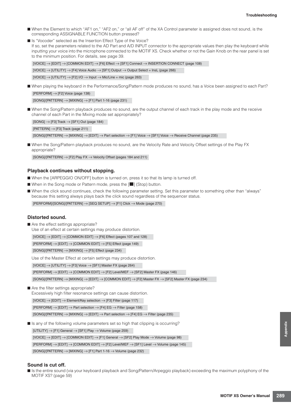 Playback continues without stopping, Distorted sound, Sound is cut off | Yamaha MOTIF XS7  EN User Manual | Page 289 / 320