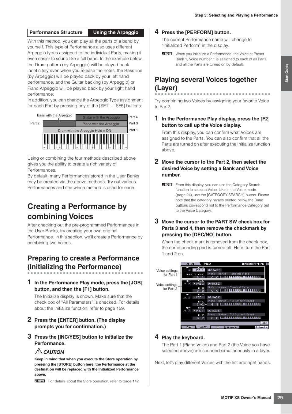 Creating a performance by combining voices, Playing several voices together (layer), Preparing to create a performance | Initializing the performance) 1, Playing several voices together, Layer) | Yamaha MOTIF XS7  EN User Manual | Page 29 / 320