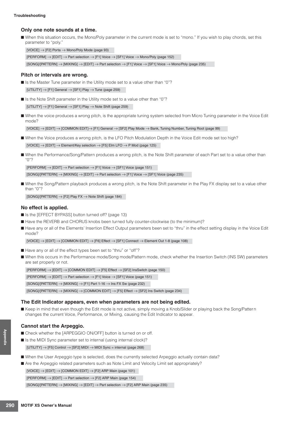 Pitch or intervals are wrong, No effect is applied, Cannot start the arpeggio | Yamaha MOTIF XS7  EN User Manual | Page 290 / 320
