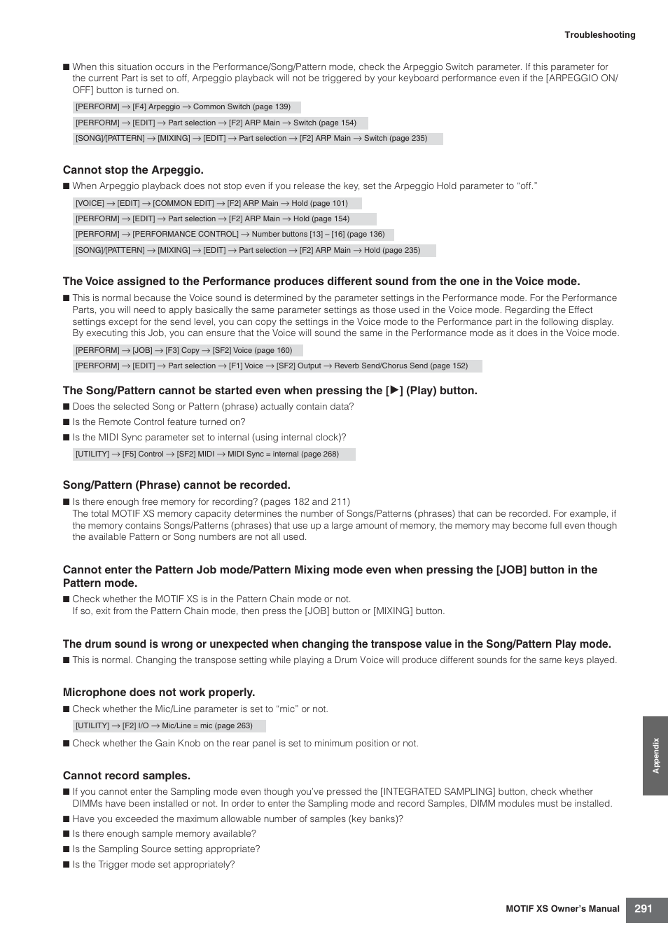 Cannot stop the arpeggio, Song/pattern (phrase) cannot be recorded, Microphone does not work properly | Cannot record samples | Yamaha MOTIF XS7  EN User Manual | Page 291 / 320