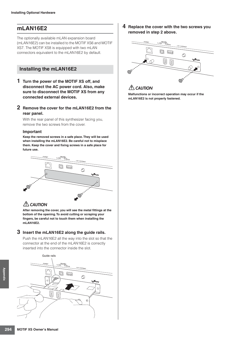 Mlan16e2, Installing the mlan16e2 | Yamaha MOTIF XS7  EN User Manual | Page 294 / 320