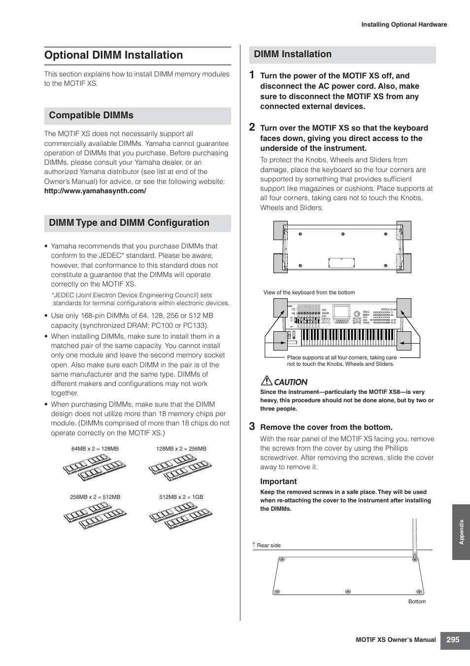 Optional dimm installation, Compatible dimms dimm type and dimm configuration, Dimm installation | Yamaha MOTIF XS7  EN User Manual | Page 295 / 320