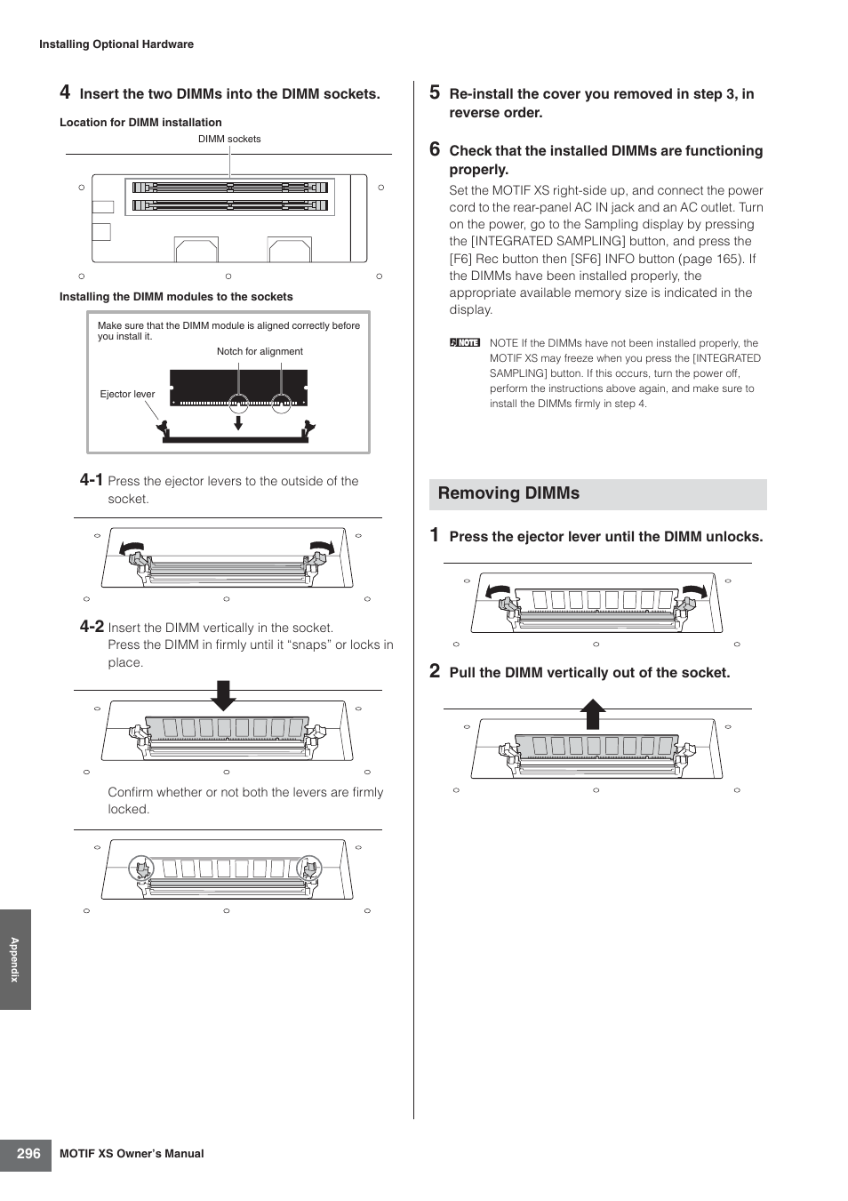 Removing dimms | Yamaha MOTIF XS7  EN User Manual | Page 296 / 320