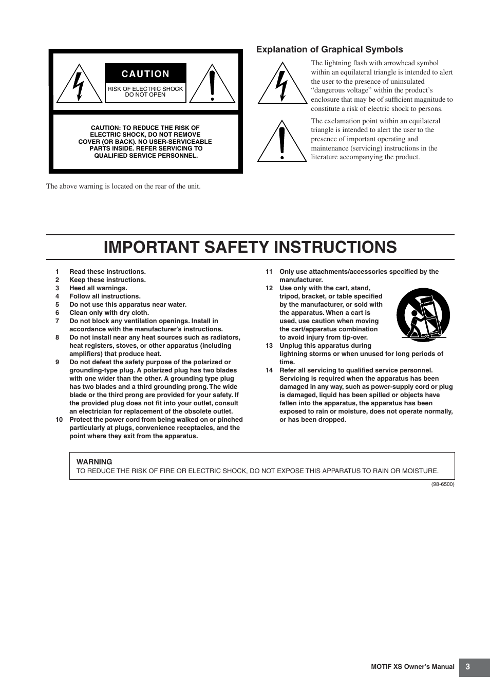 Important safety instructions, Explanation of graphical symbols | Yamaha MOTIF XS7  EN User Manual | Page 3 / 320