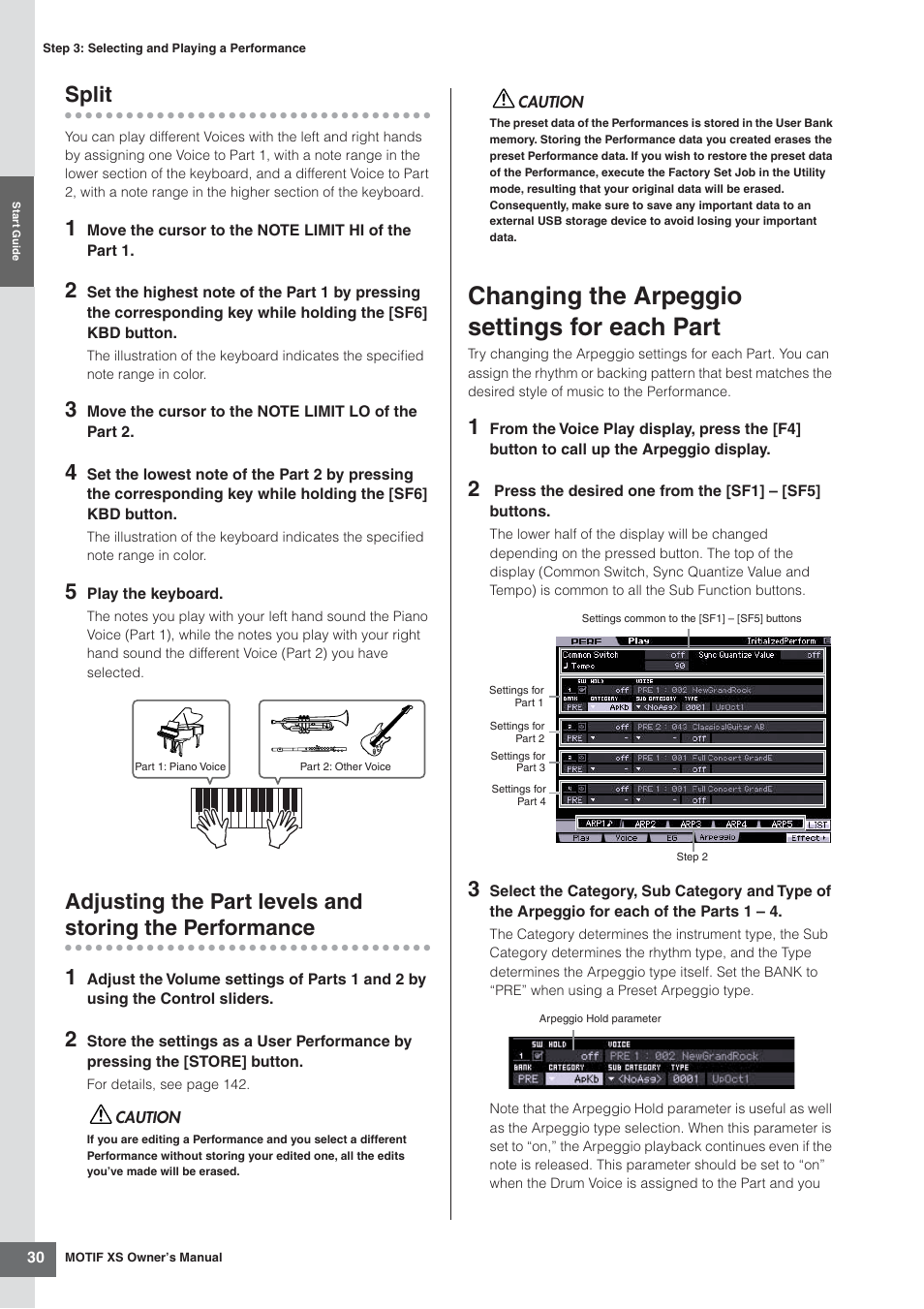Split, Changing the arpeggio settings for each part, Adjusting the part levels and | Storing the performance 1 | Yamaha MOTIF XS7  EN User Manual | Page 30 / 320