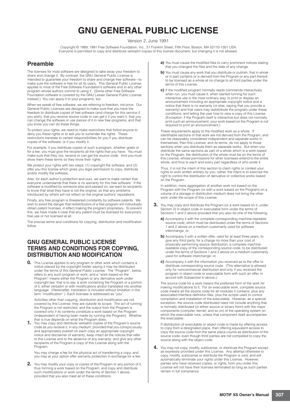 Gnu general public license, Preamble | Yamaha MOTIF XS7  EN User Manual | Page 307 / 320