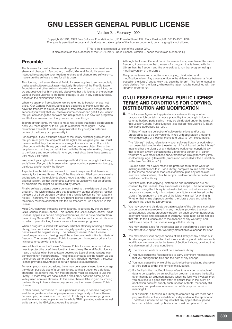 Gnu lesser general public license, Preamble | Yamaha MOTIF XS7  EN User Manual | Page 309 / 320