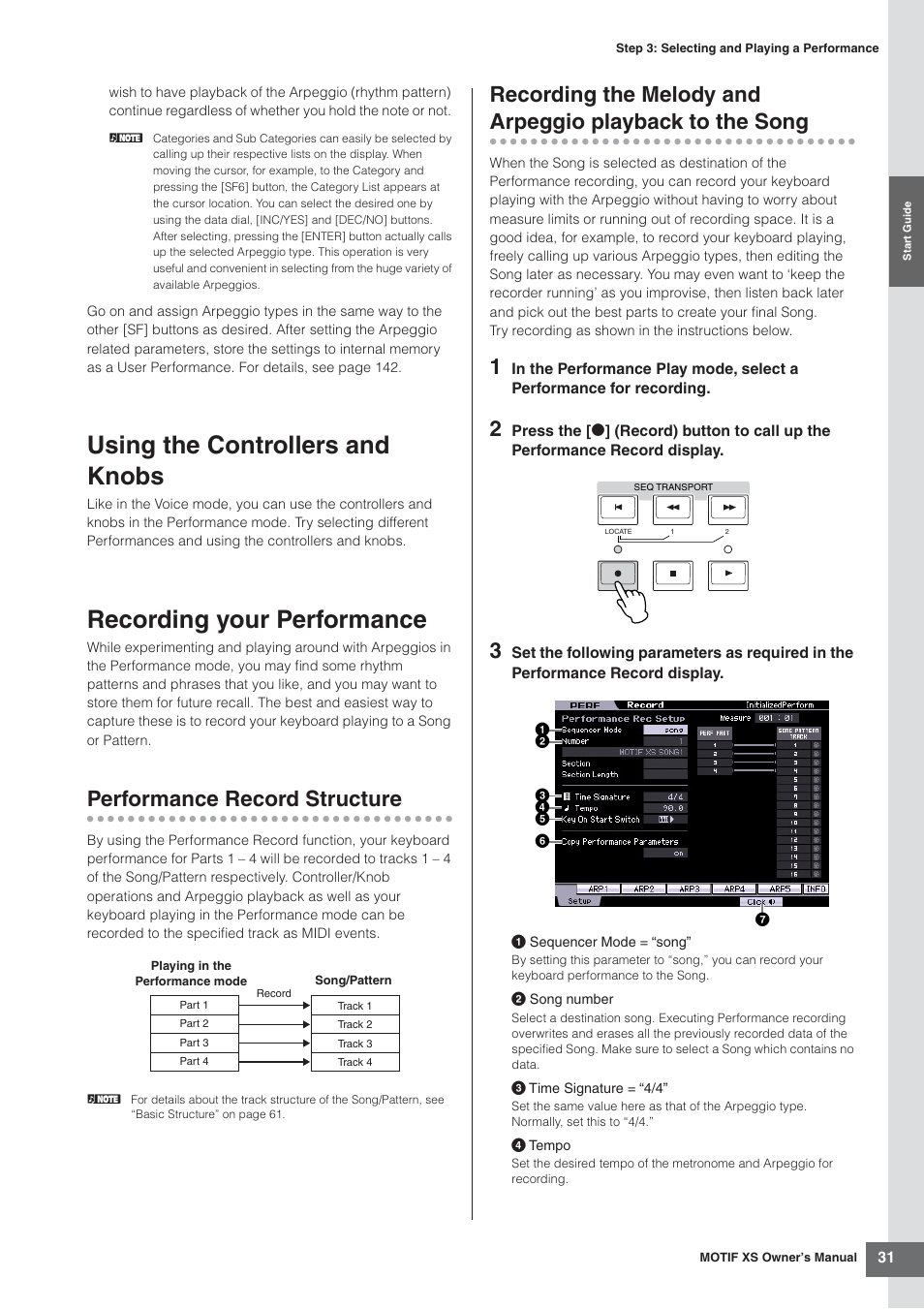 Using the controllers and knobs, Recording your performance, Performance record structure | Recording the melody and, Arpeggio playback to the song | Yamaha MOTIF XS7  EN User Manual | Page 31 / 320