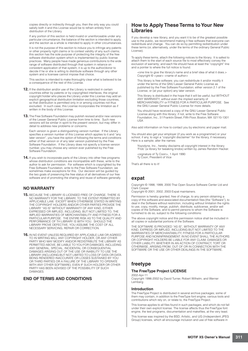 How to apply these terms to your new libraries, Expat, Freetype | No warranty, End of terms and conditions | Yamaha MOTIF XS7  EN User Manual | Page 311 / 320