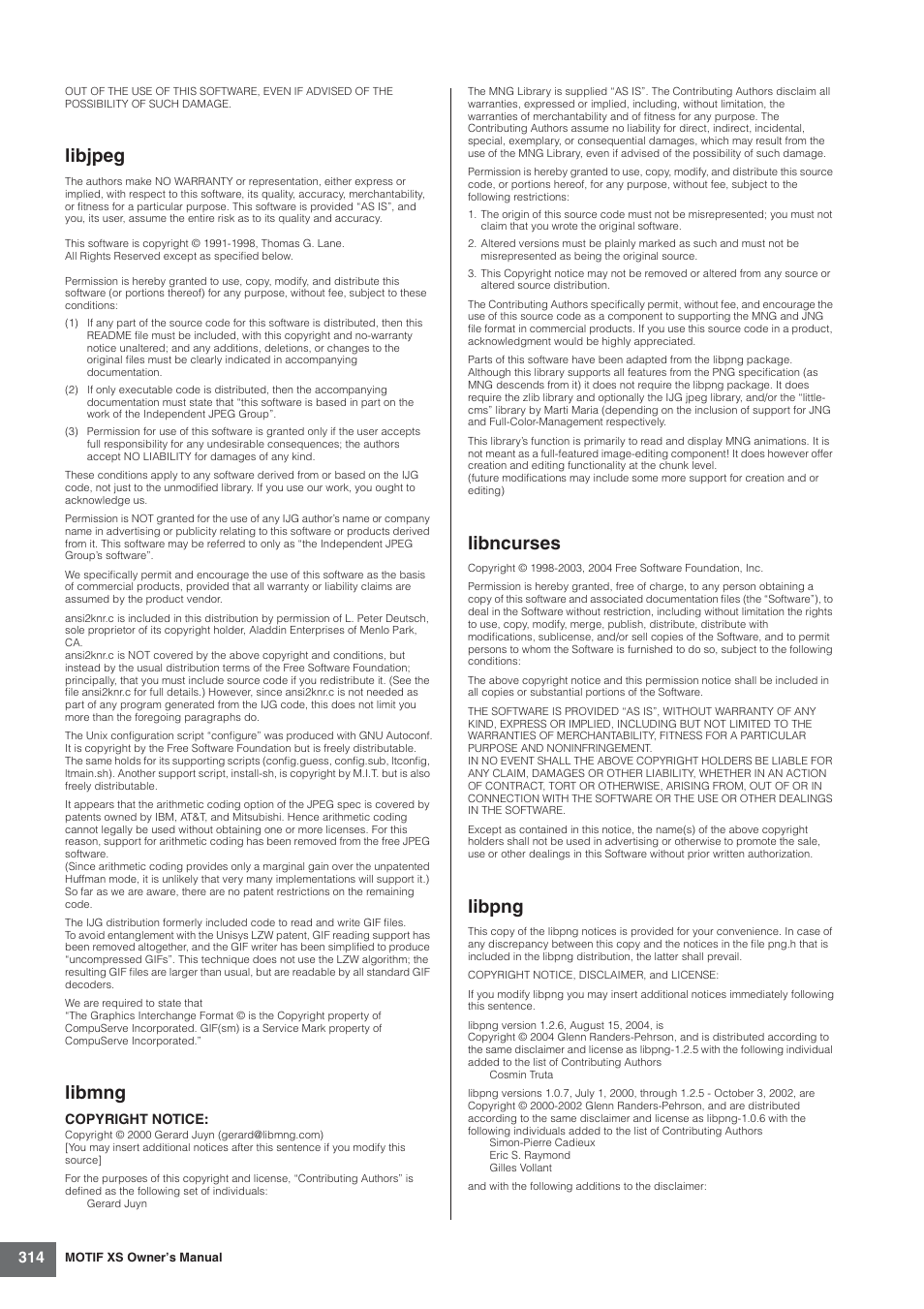 Libjpeg, Libmng, Libncurses | Libpng | Yamaha MOTIF XS7  EN User Manual | Page 314 / 320