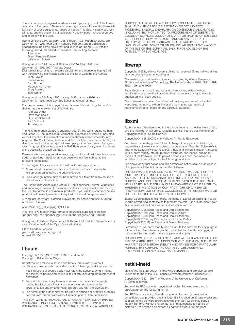 Libuuid, Libwrap, Libxml | Netkit-inetd | Yamaha MOTIF XS7  EN User Manual | Page 315 / 320