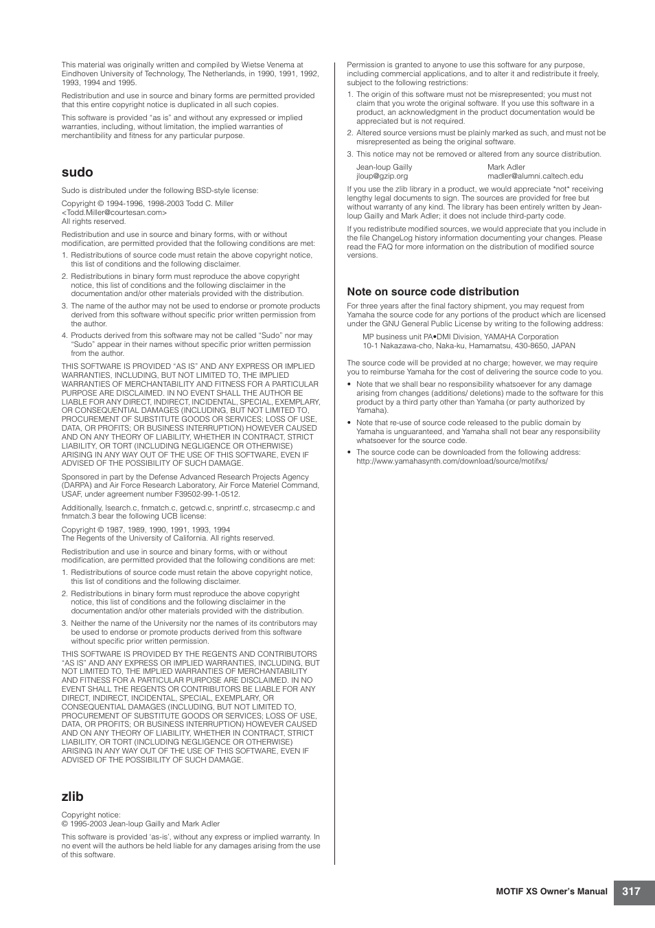 Sudo, Zlib | Yamaha MOTIF XS7  EN User Manual | Page 317 / 320