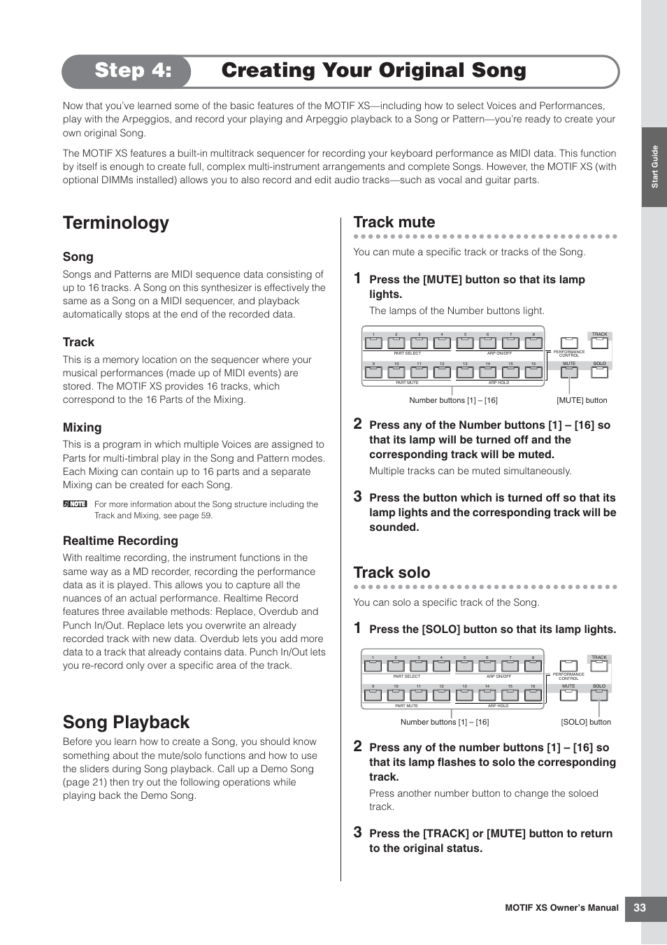 Step 4: creating your original song, Terminology, Song playback | Track mute, Track solo, Terminology song playback, Es 33 and 179), Song, Track, Mixing | Yamaha MOTIF XS7  EN User Manual | Page 33 / 320