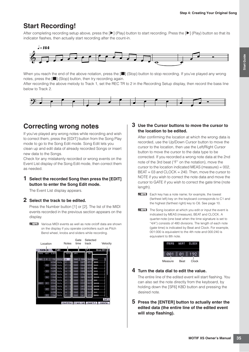 Start recording, Correcting wrong notes, Start recording! correcting wrong notes | Yamaha MOTIF XS7  EN User Manual | Page 35 / 320