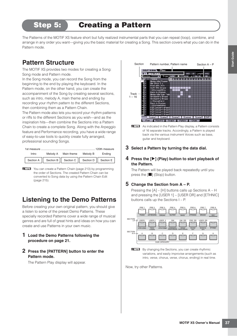 Step 5: creating a pattern, Pattern structure, Listening to the demo patterns | Pattern structure listening to the demo patterns, Select a pattern by turning the data dial | Yamaha MOTIF XS7  EN User Manual | Page 37 / 320