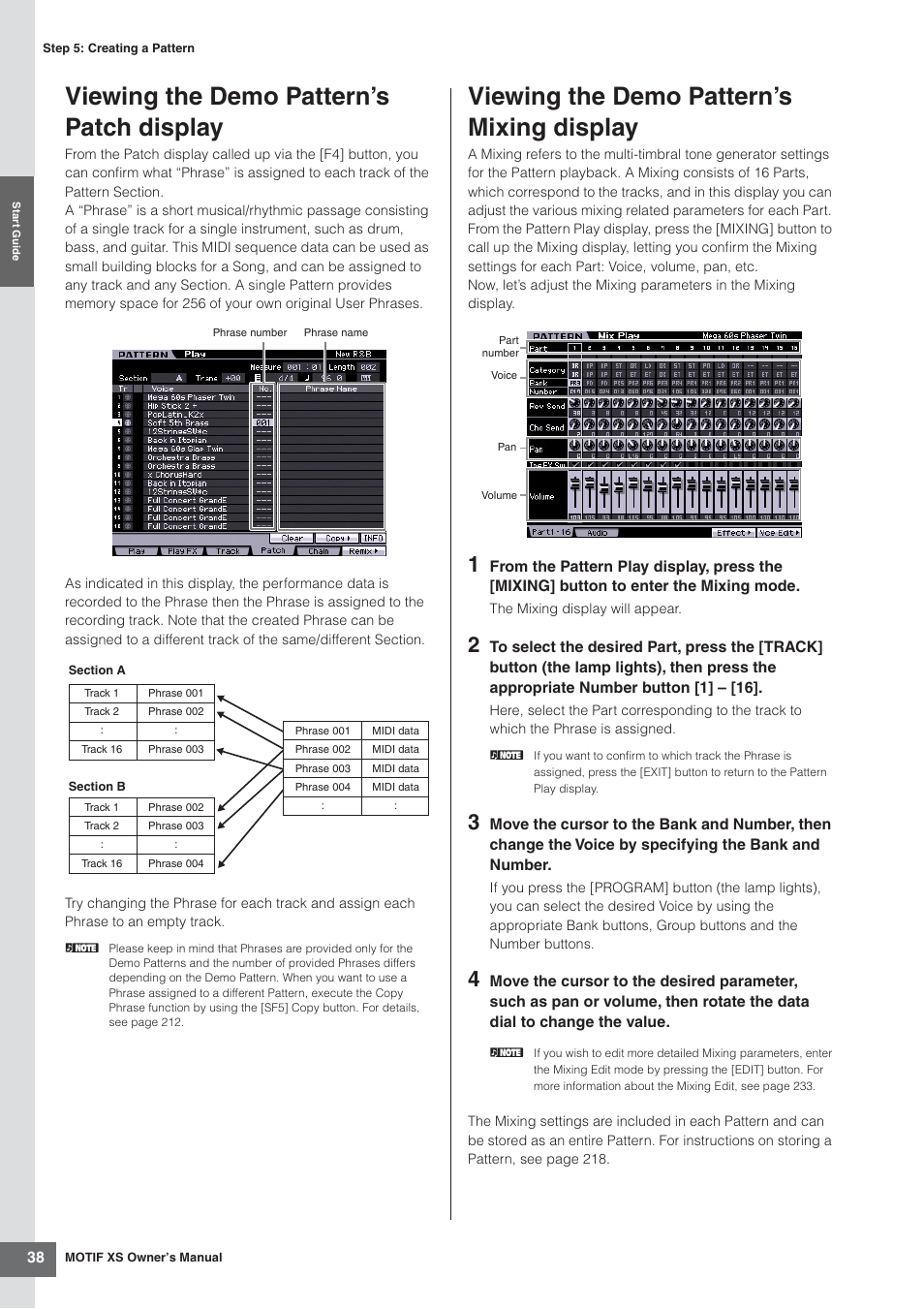 Viewing the demo pattern’s patch display, Viewing the demo pattern’s mixing display | Yamaha MOTIF XS7  EN User Manual | Page 38 / 320