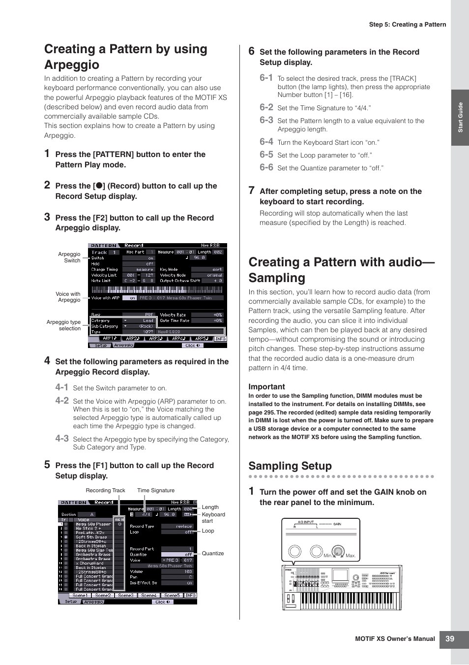 Creating a pattern by using arpeggio, Creating a pattern with audio- sampling, Sampling setup | Es 39, Creating a pattern with audio— sampling, Sampling setup 1 | Yamaha MOTIF XS7  EN User Manual | Page 39 / 320