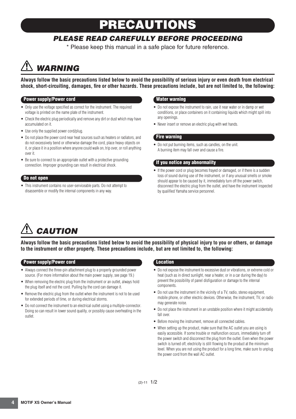 Precautions, Warning, Caution | Please read carefully before proceeding | Yamaha MOTIF XS7  EN User Manual | Page 4 / 320