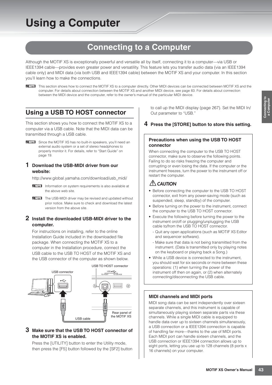 Using a computer, Connecting to a computer, Using a usb to host connector | Es 43 and 85), 43 and 85 | Yamaha MOTIF XS7  EN User Manual | Page 43 / 320
