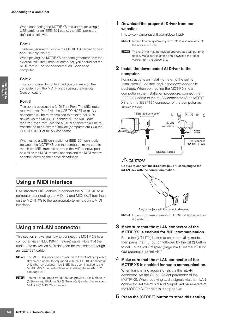 Using a midi interface, Using a mlan connector | Yamaha MOTIF XS7  EN User Manual | Page 44 / 320