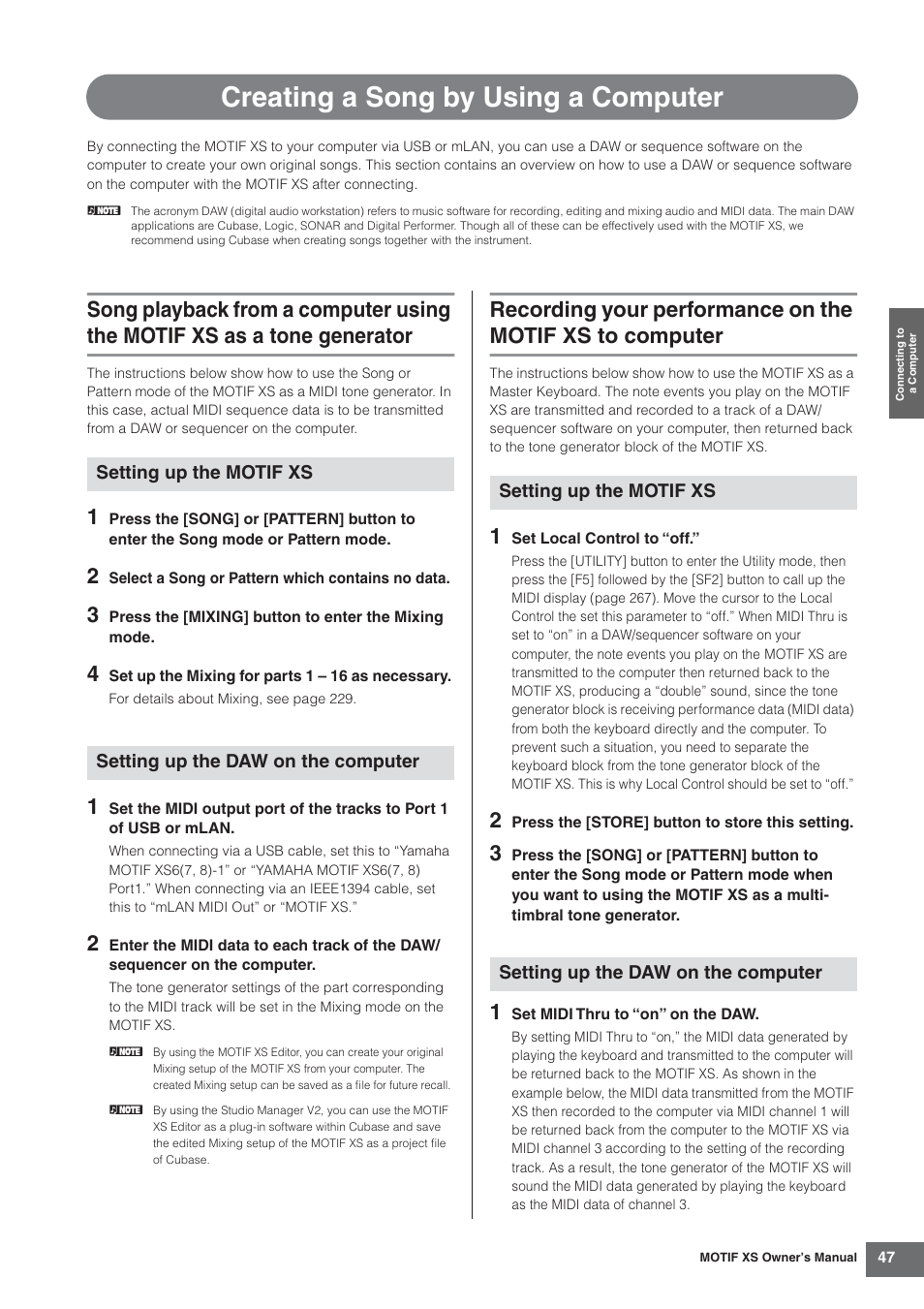 Creating a song by using a computer | Yamaha MOTIF XS7  EN User Manual | Page 47 / 320