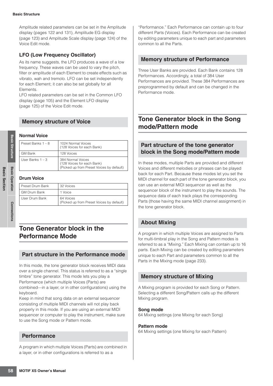 Tone generator block in the performance mode, Tone generator block in the song mode/pattern mode | Yamaha MOTIF XS7  EN User Manual | Page 58 / 320