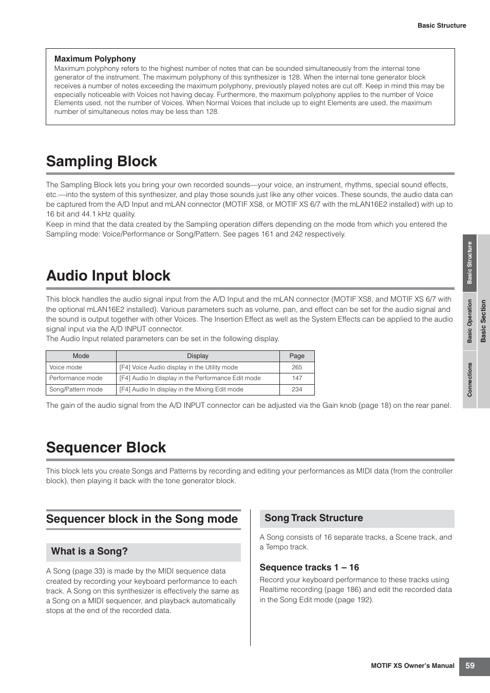 Sampling block, Audio input block, Sequencer block | Sequencer block in the song mode, Sampling block audio input block sequencer block, What is a song? song track structure | Yamaha MOTIF XS7  EN User Manual | Page 59 / 320
