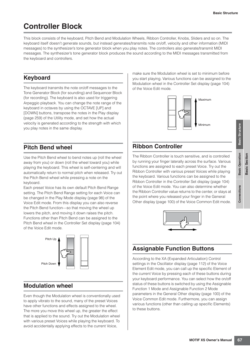 Controller block, Keyboard, Pitch bend wheel | Modulation wheel, Ribbon controller, Assignable function buttons | Yamaha MOTIF XS7  EN User Manual | Page 67 / 320