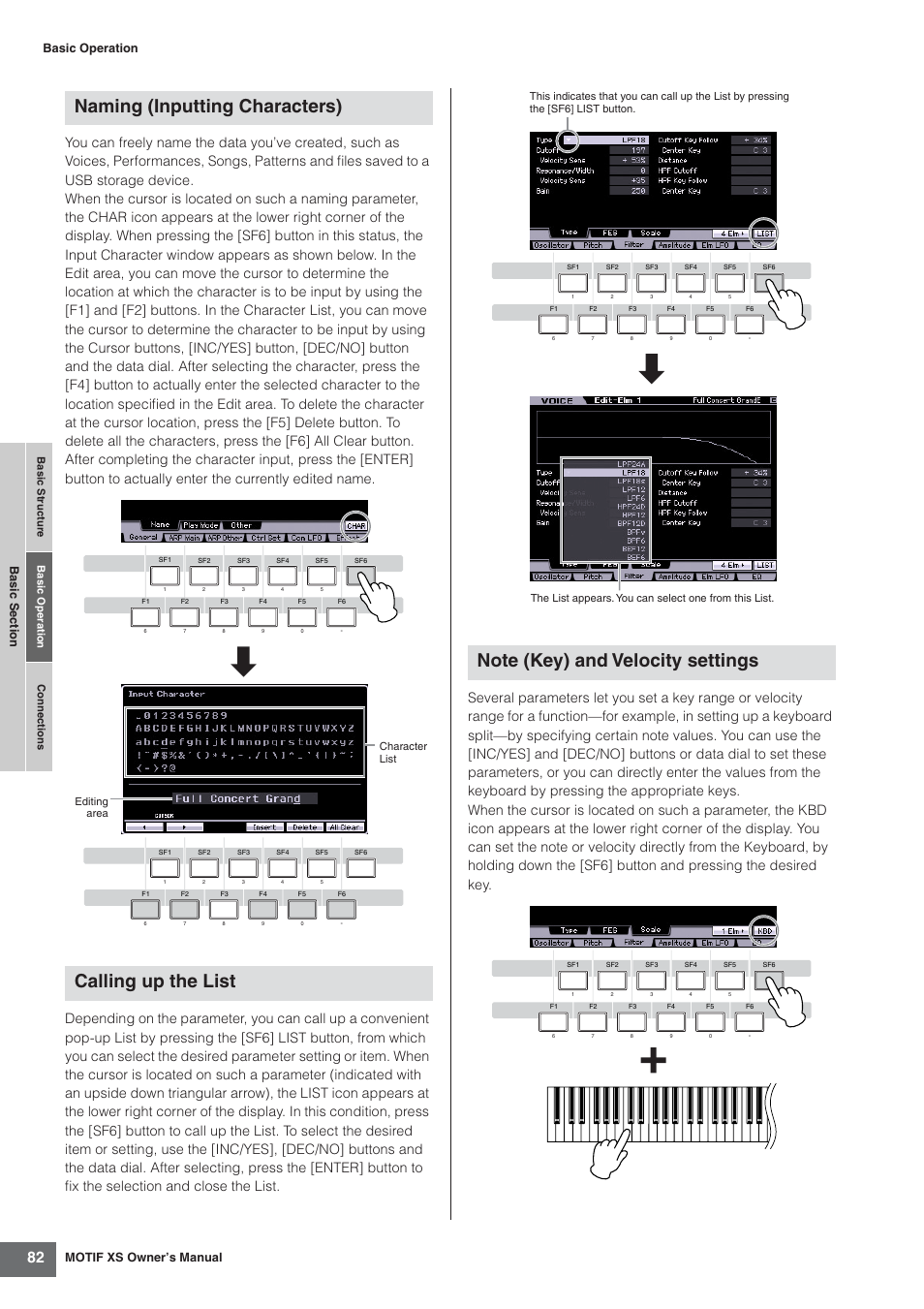 Naming (inputting characters) calling up the list, Basic structure basic operation connections, Editing area character list | Yamaha MOTIF XS7  EN User Manual | Page 82 / 320