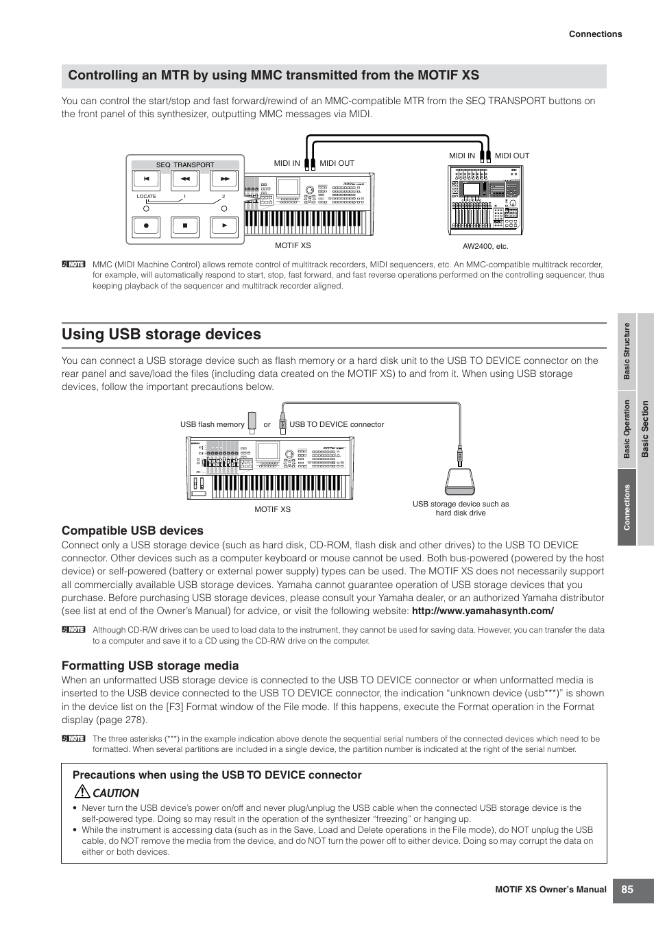 Using usb storage devices, Compatible usb devices, Formatting usb storage media | Precautions when using the usb to device connector, Caution | Yamaha MOTIF XS7  EN User Manual | Page 85 / 320