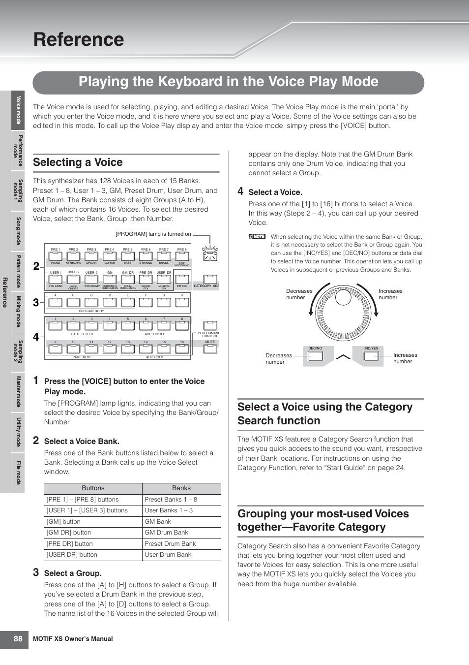 Reference, Playing the keyboard in the voice play mode, Selecting a voice | Select a voice using the category search function, Select a voice bank, Select a group, Select a voice | Yamaha MOTIF XS7  EN User Manual | Page 88 / 320