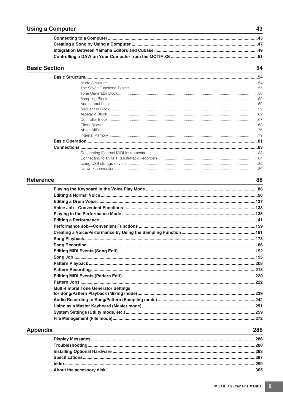 Using a computer 43, Reference 88, Appendix 286 | Yamaha MOTIF XS7  EN User Manual | Page 9 / 320