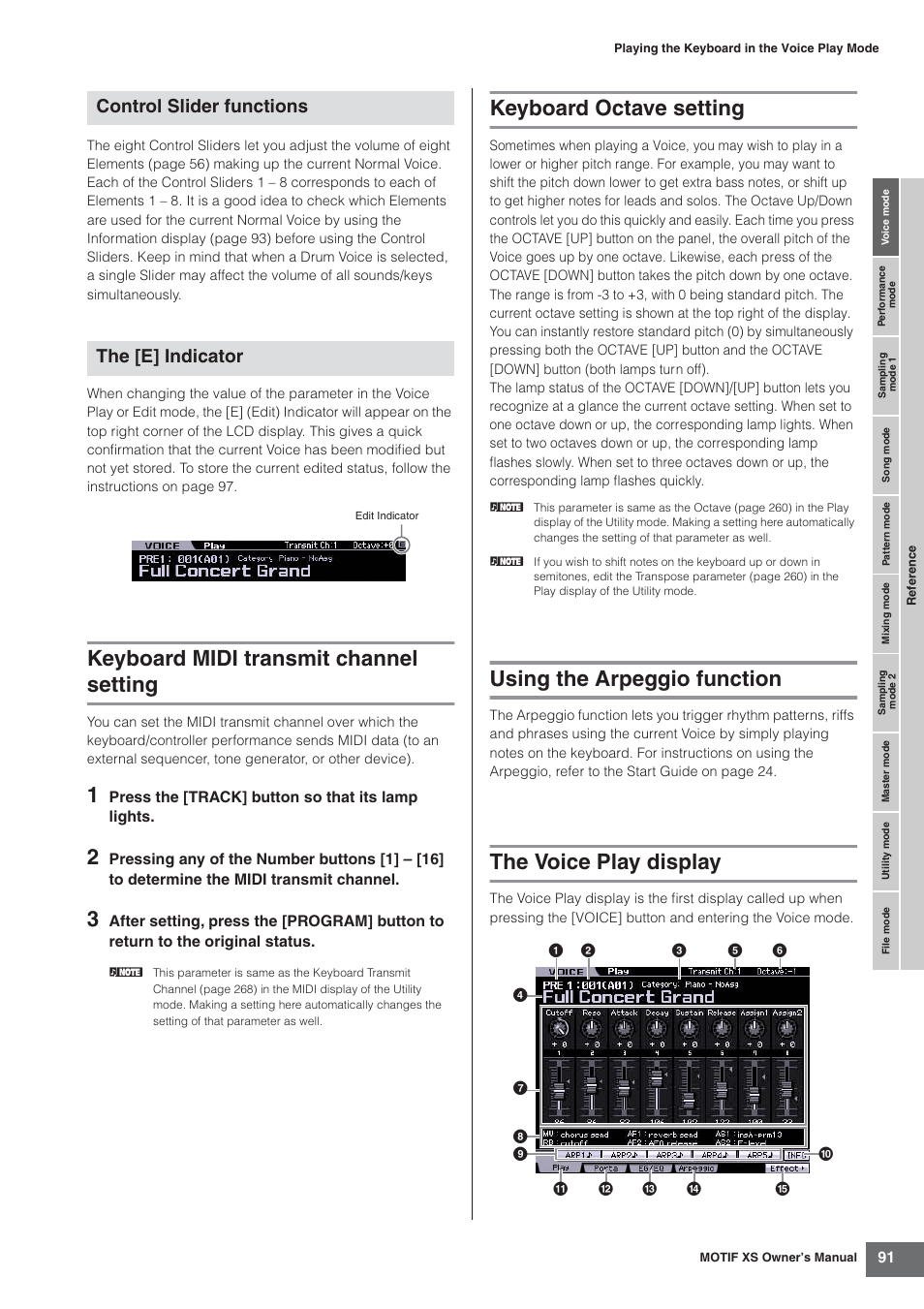 Keyboard midi transmit channel setting, Keyboard octave setting, Using the arpeggio function | The voice play display, Es 91, Control slider functions the [e] indicator | Yamaha MOTIF XS7  EN User Manual | Page 91 / 320