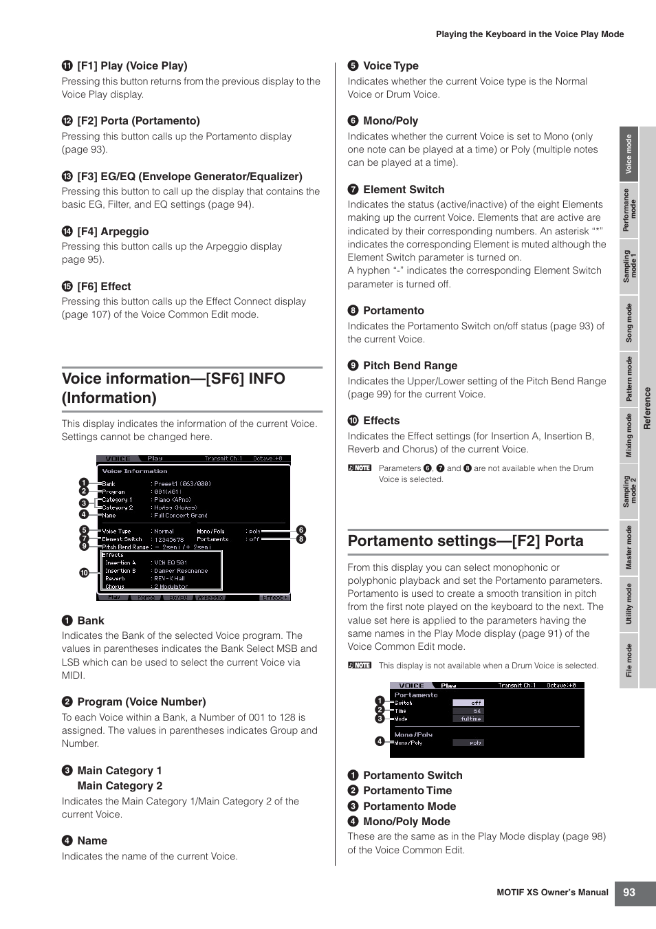 Voice information-[sf6] info (information), Portamento settings-[f2] porta, Voice information—[sf6] info (information) | Portamento settings—[f2] porta | Yamaha MOTIF XS7  EN User Manual | Page 93 / 320
